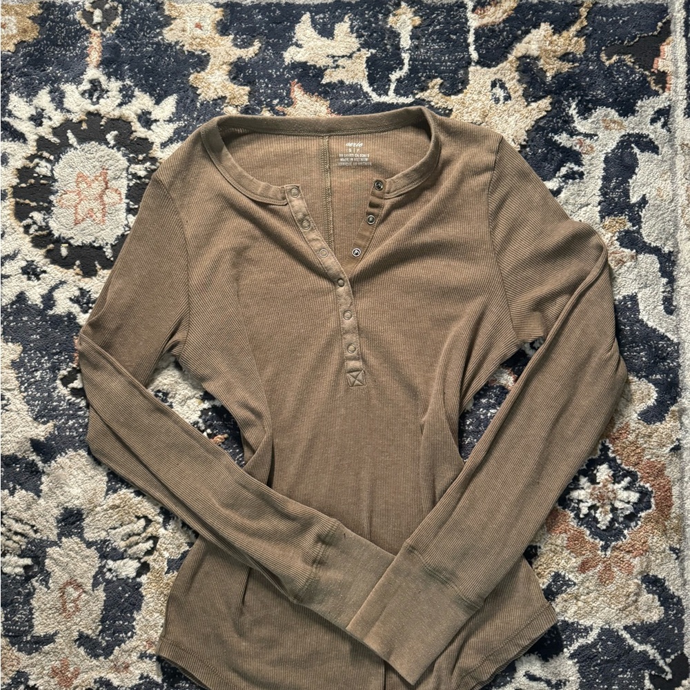 Brown Henley Long Sleeve Top